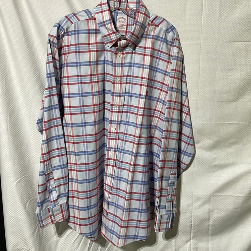 Brooks Brothers L Madison style original polo plaid supima cotton no iron euc